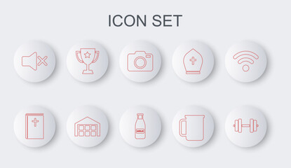 Sticker - Set line Dumbbell, Holy bible book, Photo camera, Coffee cup, Speaker mute, Trophy, Warehouse and Glass bottle milk and cap icon. Vector