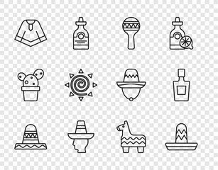 Sticker - Set line Mexican sombrero, Maracas, man, Poncho, Sun, Pinata and Tequila bottle icon. Vector