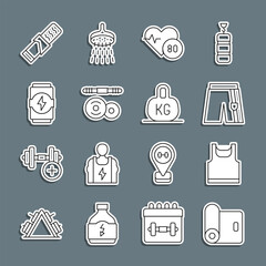 Sticker - Set line Fitness mat roll, Sleeveless t-shirt, Short or pants, Heart rate, Barbell, Energy drink, Protein sport bar and Weight icon. Vector