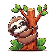 Wall Mural - Cute sloth hanging on wood tree cartoon vector icon illustration