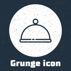 Sticker - Grunge line Covered with a tray of food icon isolated on grey background. Tray and lid. Restaurant cloche with lid. Kitchenware symbol. Monochrome vintage drawing. Vector