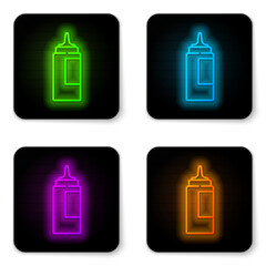 Sticker - Glowing neon line Sauce bottle icon isolated on white background. Ketchup, mustard and mayonnaise bottles with sauce for fast food. Black square button. Vector