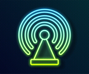 Poster - Glowing neon line Radar icon isolated on black background. Search system. Satellite sign. Vector