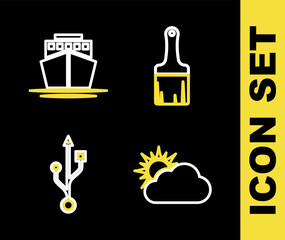 Sticker - Set line Paint brush, Sun and cloud weather, USB and Ship icon. Vector