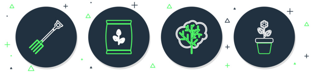 Sticker - Set line Sickle, Tree, Garden pitchfork and Flower in pot icon. Vector