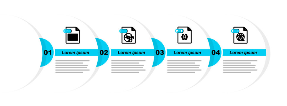 Set line AVI file document, JS, MP3 and XLS icon. Vector
