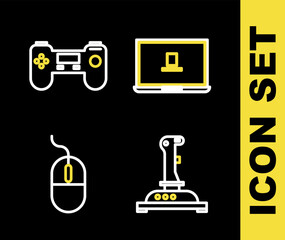 Poster - Set line Laptop, Joystick for arcade machine, Computer mouse and Gamepad icon. Vector