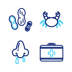 Canvas Print - Set line First aid kit, Runny nose, Crab and Peanut icon. Vector