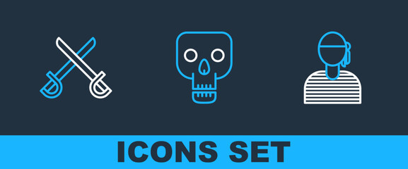 Poster - Set line Sailor captain, Crossed pirate swords and Skull icon. Vector