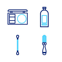 Poster - Set line Hairbrush, Cotton swab for ears, Bottle of shampoo and Eye shadow palette icon. Vector