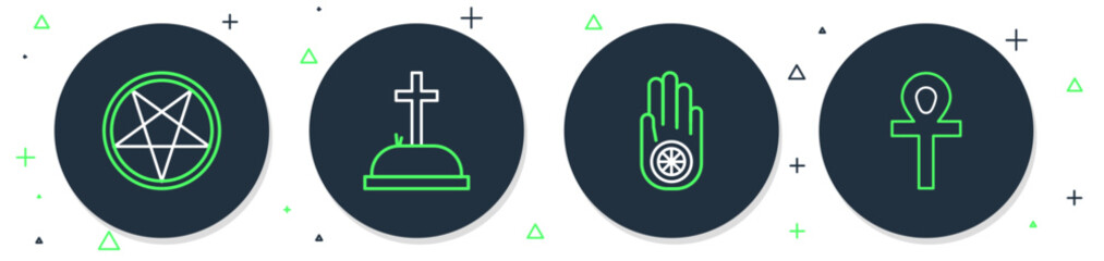 Poster - Set line Tombstone with cross, Jainism or Jain Dharma, Pentagram circle and Cross ankh icon. Vector