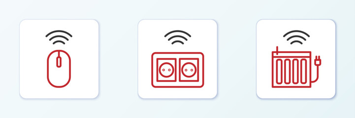 Poster - Set line Smart heating radiator, Wireless mouse and electrical outlet icon. Vector