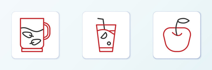 Sticker - Set line Apple, Cup of tea and leaf and Fresh smoothie icon. Vector