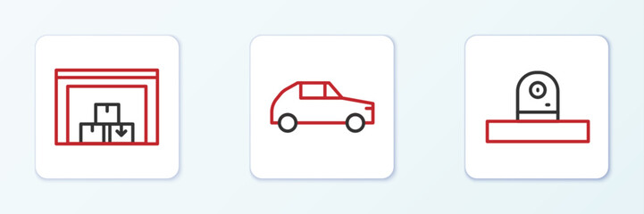 Poster - Set line Security camera, Warehouse and Car icon. Vector