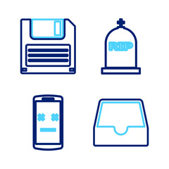 Poster - Set line Social media inbox, Dead mobile, Tombstone with RIP written and Floppy disk icon. Vector