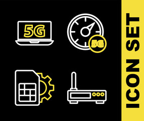 Poster - Set line Digital speed meter 5G, Router and wi-fi signal, Sim card setting and Laptop with network icon. Vector