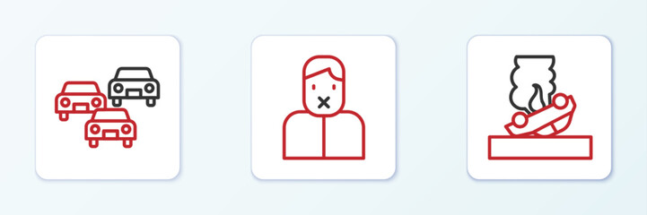 Poster - set line burning car, traffic jam and censor and freedom of speech icon. vector