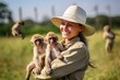 A woman zookeeper is holding two baby baboons in her arms in a field