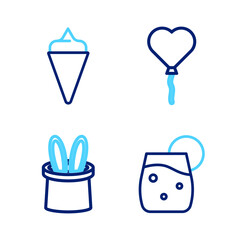 Sticker - Set line Cocktail, Magician hat and rabbit ears, Balloons in form of heart and Ice cream waffle cone icon. Vector