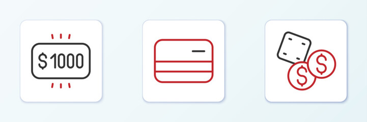 Poster - Set line Game dice, Money prize in casino and Credit card icon. Vector