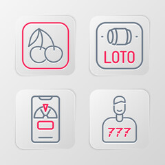 Poster - Set line Lucky player, wheel on phone, Lottery ticket and Slot machine with cherry icon. Vector