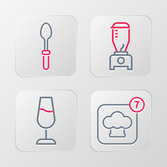 Wall Mural - Set line Chef hat, Wine glass, Blender and Teaspoon icon. Vector