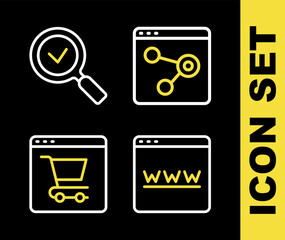 Poster - Set line Browser window, Online shopping on screen and Magnifying glass with check mark icon. Vector