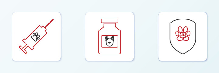 Sticker - Set line Animal health insurance, Syringe with pet vaccine and Dog medicine bottle icon. Vector