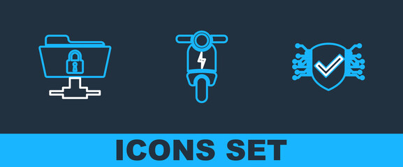 Poster - set line cyber security, ftp folder and lock and electric scooter icon. vector
