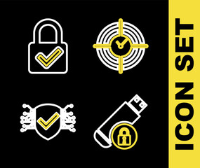 Poster - set line time management, usb flash drive with lock, cyber security and lock and check mark icon. ve