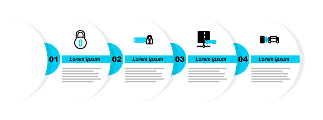 Poster - set line smart car alarm system, server vpn, password protection and lock icon. vector
