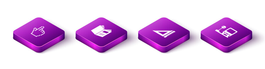 Poster - Set Isometric Pixel hand cursor, Open book, Triangular ruler and Bus stop icon. Vector