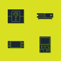 Poster - set mystery or random box, retro arcade game machine, portable video console and video icon. vector