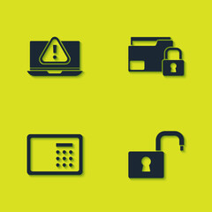 Poster - set laptop with exclamation mark, open padlock, safe and folder and icon. vector