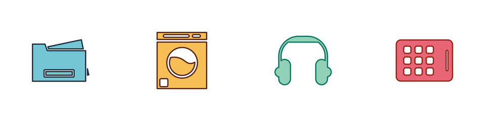 Poster - Set Printer, Washer, Headphones and Graphic tablet icon. Vector