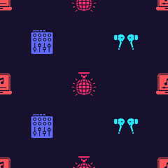 Poster - set air headphones, sound mixer controller, disco ball and laptop with music note on seamless patter