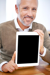 Aufkleber - Portrait, tablet screen and smile of man showing mockup space at desk in office of business manager. Face, display and person with technology for advertising, marketing or promo of mature consultant