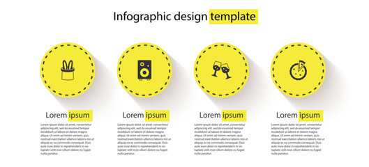 Sticker - Set Magician hat and rabbit ears, Stereo speaker, Glass of champagne and Homemade pie. Business infographic template. Vector