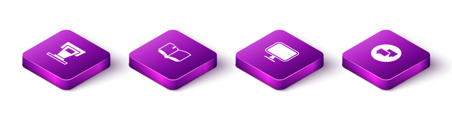 Poster - set isometric stage stand, open book, computer monitor and speech bubble chat icon. vector