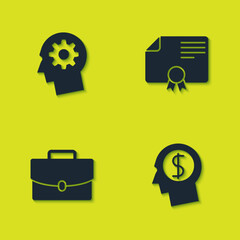 Poster - set human head with gear inside, business planning mind, briefcase and certificate template icon. ve
