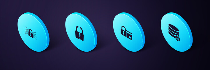 Poster - set isometric server security with lock, credit card, broken or cracked and cyber icon. vector