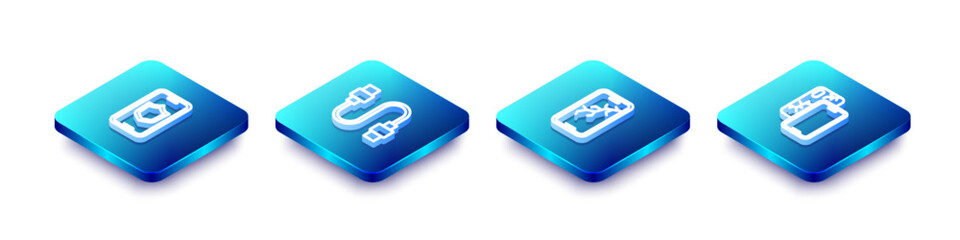 Poster - set isometric line mobile with shield, usb cable cord, broken screen and icon. vector