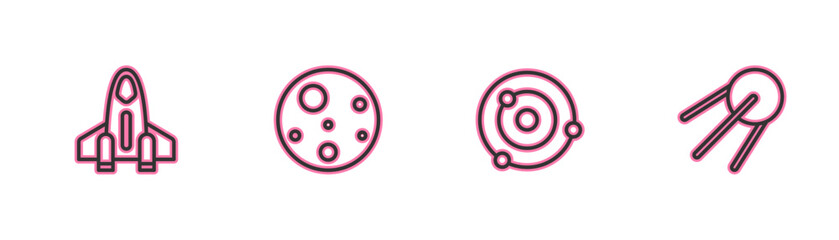 Poster - set line rocket ship, solar system, planet mars and satellite icon. vector