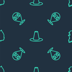 Poster - set line korean hat, location south and map on seamless pattern. vector