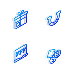 Sticker - Set Isometric line Horseshoe, Gift box, Laptop and slot machine and Game dice icon. Vector