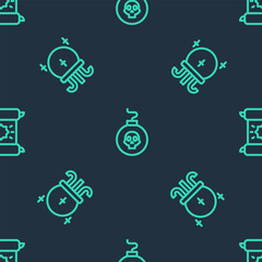 Poster - Set line Bomb ready to explode, Magic ball and Decree, parchment, scroll on seamless pattern. Vector