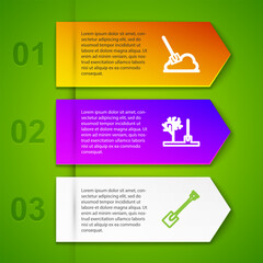 Wall Mural - Set line Shovel in the ground, Planting tree, Garden shovel and Automatic irrigation sprinklers. Business infographic template. Vector