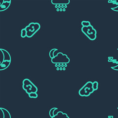 Poster - Set line Cloud with rain and moon, and Moon icon on seamless pattern. Vector