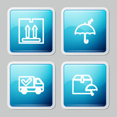 Poster - set line cardboard box with traffic, umbrella and rain drops, delivery truck check mark and package 
