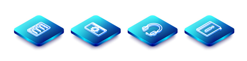 Poster - Set Isometric line Create account screen on mobile, Setting, Headphones and User manual icon. Vector